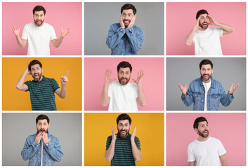 Collage with photos of surprised man on different color backgrounds