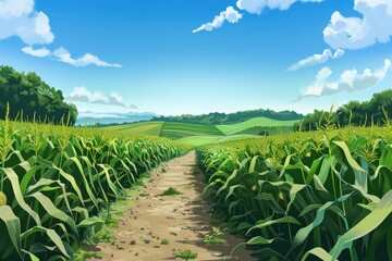 Fototapeta premium A scenic view of a corn field with a dirt road, perfect for agricultural or rural concepts