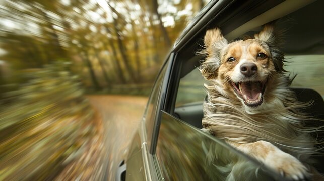 happy dog in the car window with the wind