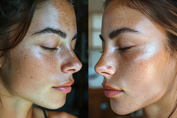Detailed close-up of young woman's freckled face