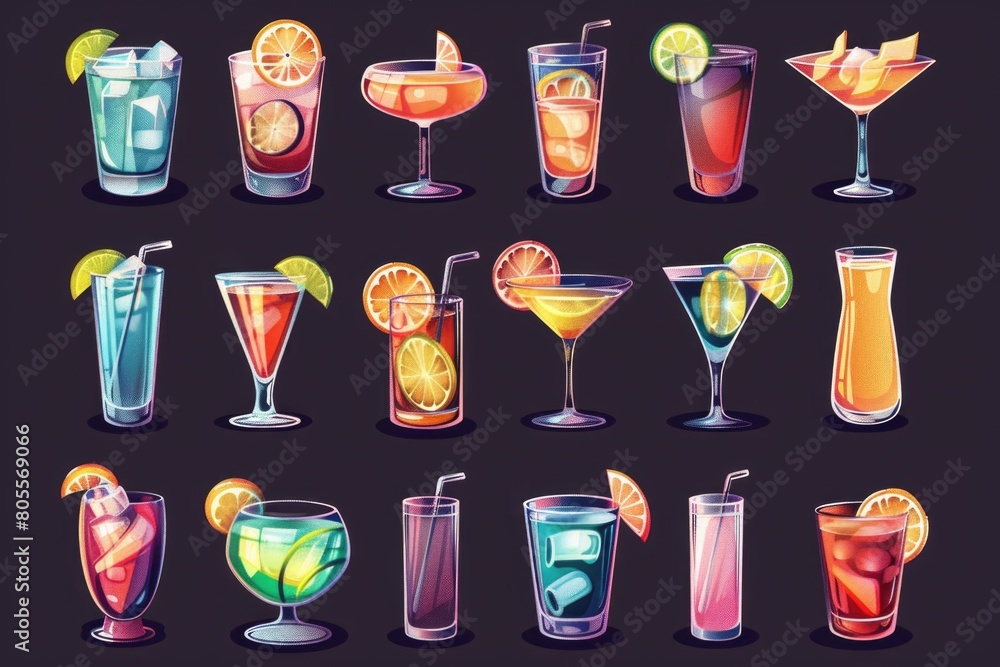 Poster a collection of different types of cocktail drinks. suitable for bar menus or party invitations