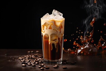 A glass of iced coffee with caramel drizzle, whipped cream, and ice cubes, surrounded by coffee beans and a dynamic splash of coffee liquid, set against a dark background.