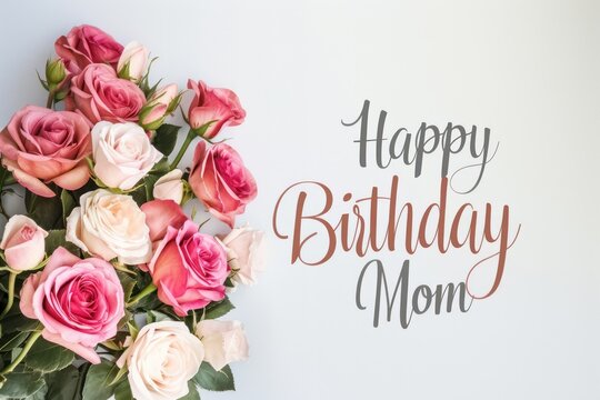 A Bouquet of Roses on a White Background With the Inscription Happy Birthday Mom - Powered by Adobe