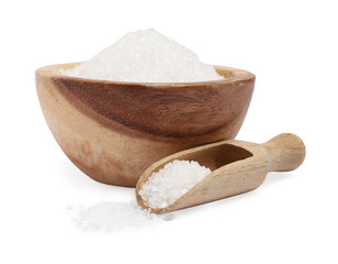 Natural salt in wooden bowl and scoop on white background