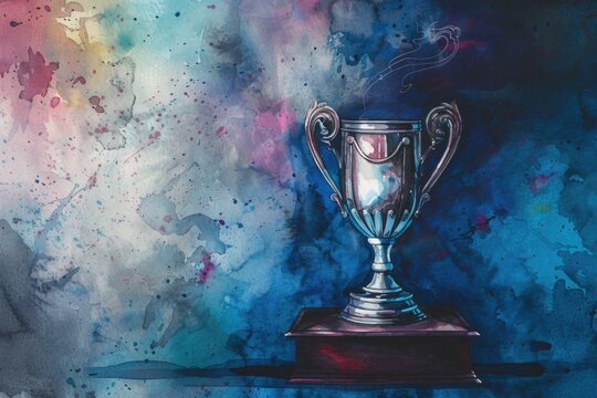 A painting of a silver trophy on a table. Ideal for sports events or achievement concepts