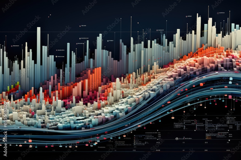 Poster colorful 3d bar graph and line data visualization with various height bars and overlaying curved lin