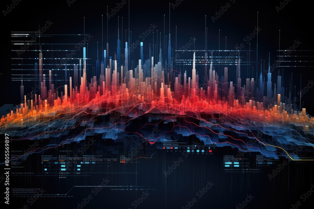 Poster colorful 3d bar graph and line data visualization with various height bars and overlaying curved lin