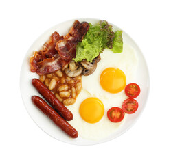 Delicious breakfast with sunny side up eggs isolated on white, top view