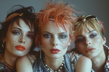Female punk rock models showcasing elaborate makeup and hairstyles in a striking glam punk style