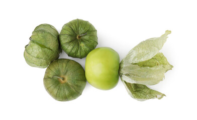 Fresh green tomatillos with husk isolated on white, top view