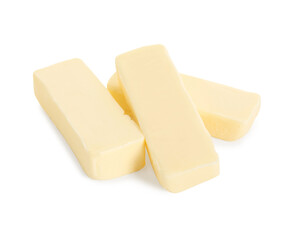 Slices of tasty butter isolated on white