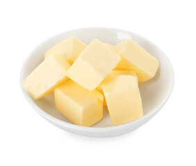 Tasty butter cubes in bowl isolated on white