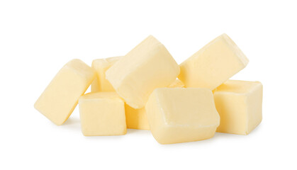 Pile of tasty butter cubes isolated on white