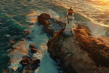 A lighthouse standing on a rock in the middle of the ocean. Ideal for maritime concepts - Powered by Adobe