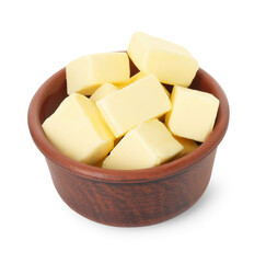 Tasty butter cubes in bowl isolated on white