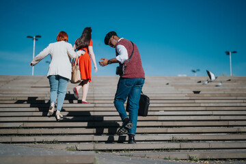 Dynamic view of business workers on the move ascending stairs in an urban environment with pigeons...