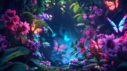 Plant light neon tunnel with butterflies. Abstract neon background with flowers and butterflies. Abstract fantasy floral sci-fi neon portal. Flower plants with neon illumination.
