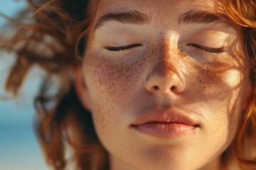 Close up of a woman with freckles on her face. Suitable for beauty and skincare concepts