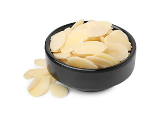 Fresh almond flakes in bowl isolated on white