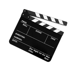 One movie clapper isolated on white. Film industry