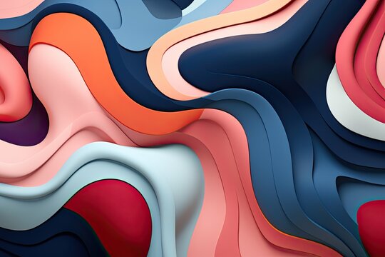 Abstract design with flowing layers in red, blue, orange, and dark blue colors creating a wavy and textured appearance.