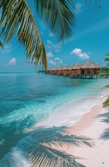 Beach With Line of Huts and Body of Water