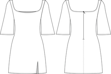 u scoop neck bell kimono half 3/4 sleeve zippered slit short mini a-line dress denim jean template technical drawing flat sketch cad mockup fashion woman design style model
