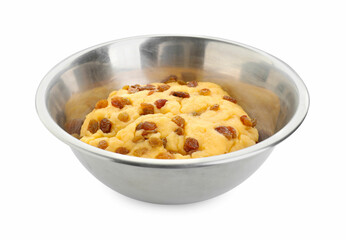 Dough with raisins in bowl isolated on white