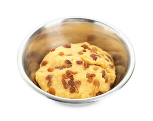 Dough with raisins in bowl isolated on white