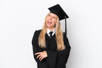 Young university graduate caucasian woman isolated on white background happy and smiling
