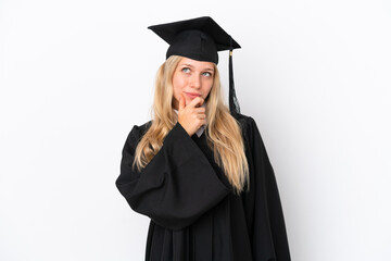 Young university graduate caucasian woman isolated on white background having doubts and with...