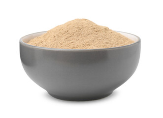 Dietary fiber. Psyllium husk powder in bowl isolated on white