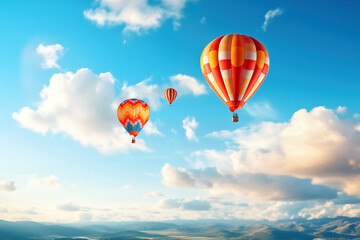 Hot air balloons flying high in blue sky. Background with selective focus and copy space