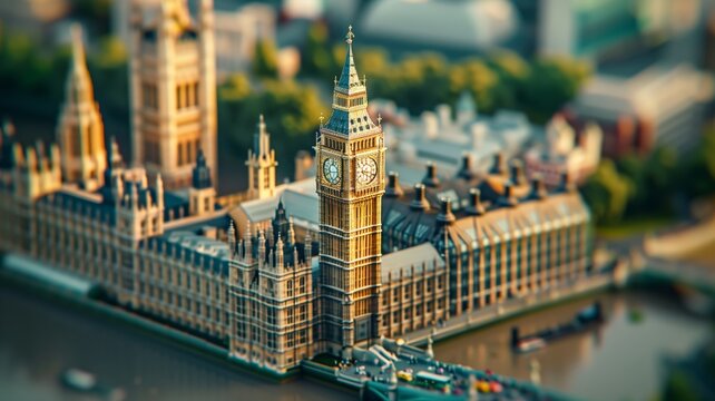 Miniature clay Big Ben tower in tilt-shift isometric view