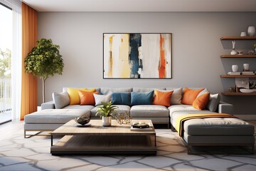 Modern living room with a grey sectional sofa decorated with orange and yellow cushions, a wooden shelving unit with books and plants, and a small wooden coffee table