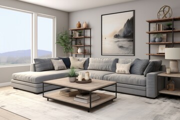 Modern living room with a grey sectional sofa decorated with orange and yellow cushions, a wooden shelving unit with books and plants, and a small wooden coffee table