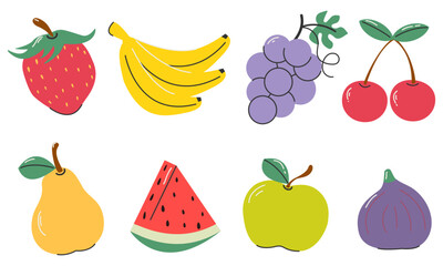 A set of fruits: strawberries, bananas, grapes, cherries, pears, apples, watermelons, figs. Isolated on a white background. Hand drawn in a naive style.Vector illustration.
