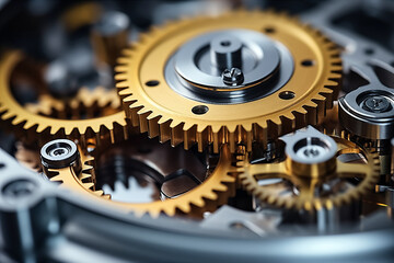 Close up of metal gear wheels, industrial background. Background with selective focus and copy space