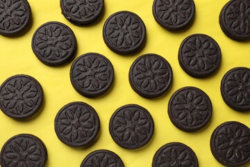 Obraz premium Tasty sweet sandwich cookies on yellow background, flat lay