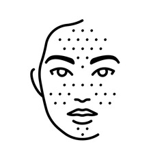 Dilated pores, line icon. Female face and dots like pores. Linear illustration, editable stroke. For cosmetics, skin care product, packaging, dermatology.