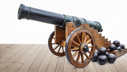 ancient cannon on wheels with cannonballs isolated on white background with clipping path