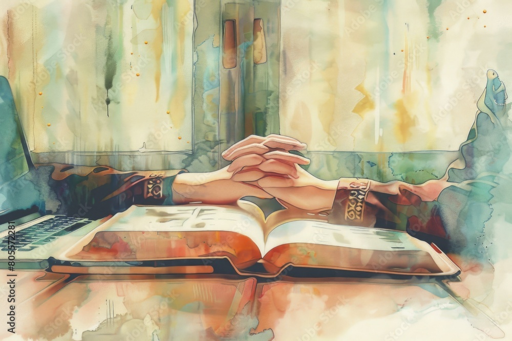 Poster two hands placed on top of an open book, symbolizing learning and knowledge. suitable for educationa