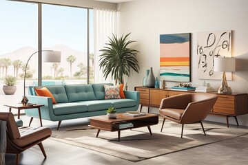 Modern living room with a teal sofa, two brown armchairs, a wooden coffee table, and decorative items, with large windows overlooking a desert landscape.