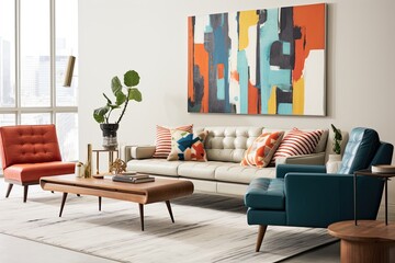 Modern living room with a teal sofa, two brown armchairs, a wooden coffee table, and decorative items, with large windows overlooking a desert landscape.