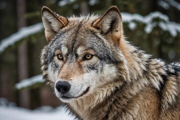 top close and full framed view of Gray Wolf head , detailed and sharp textures, large depth of field