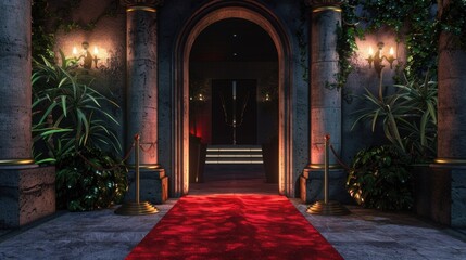 A red carpet laid out in front of a doorway. Suitable for events and grand entrances