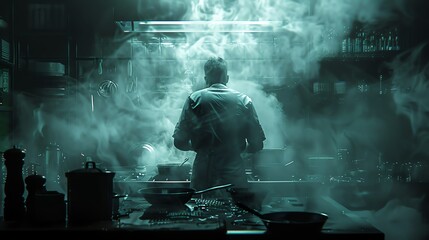 Design a 3D rendering of a chef cooking in a dimly lit kitchen, incorporating abstract, nightmarish elements like floating knives and ghostly steam for a chilling effect