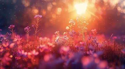 Fototapeta premium Field of Purple Flowers With Sun in Background