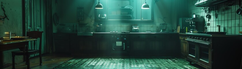 Devise a twisted dinner scene in a dimly lit kitchen