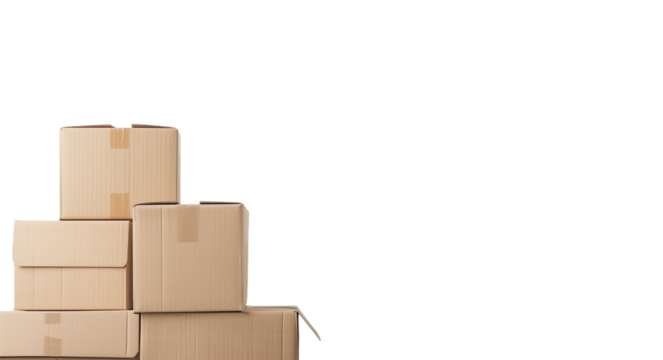 stack of cardboard boxes on transparent background, banner with copy space area for text or message, moving delivery service and storage concept